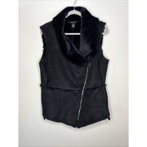 WHBM White House Black Market Black Faux Suede Faux Fur Vest Womens Large
